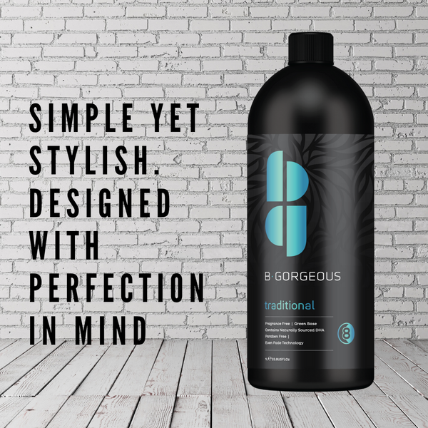 B.Gorgeous 8hr Traditional 1L:This tanning solution is designed for simplicity and elegance, offering a reliable and natural-looking tan for all skin types. this tanning solution offers a reliable,streak-free, and natural-looking tan with a green base.